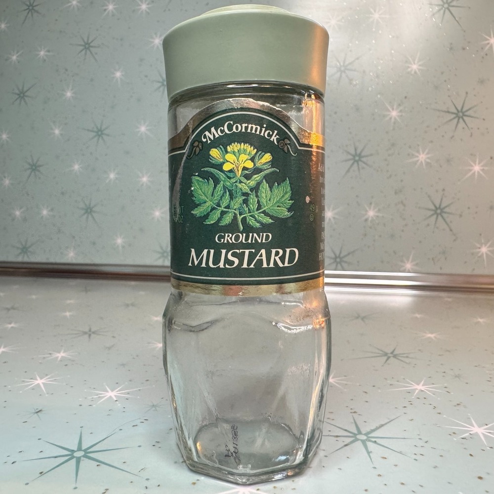 Vintage McCormick Ground Mustard Jar Green Label Glass Spice Bottle Cottagecore